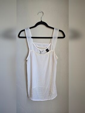 BKE cream Sheer Beaded Tank Top Boho Embroidered Lightweight Blouse Size S